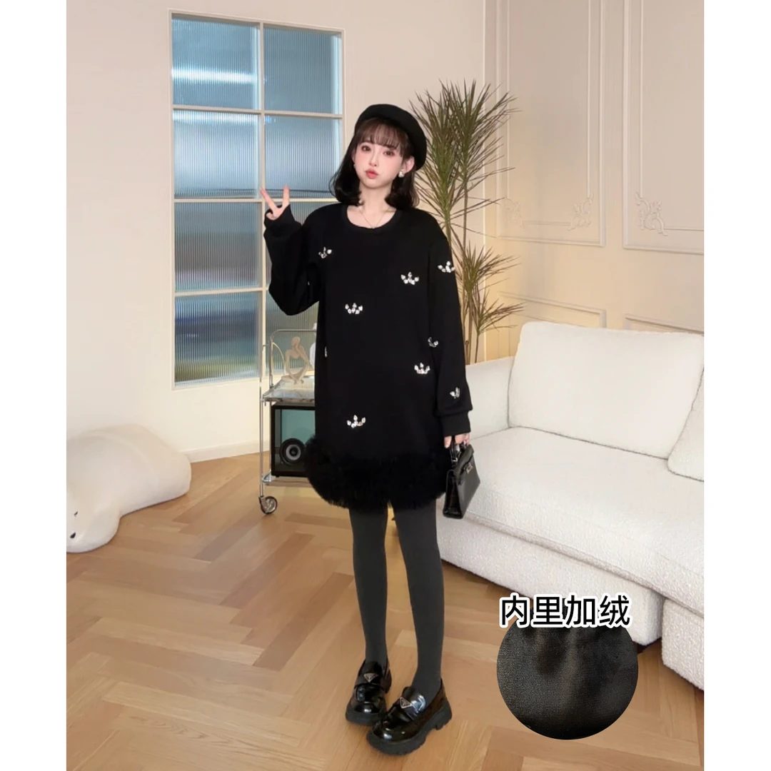 maodan/猫单【斑斓甜心】孕妇装秋冬加绒长袖蕾丝边连衣裙加厚打底.
