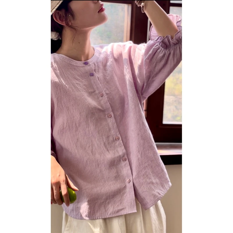 法国双色色织亚麻汉麻花瓣袖复古文艺衬衫上衣女衬衣2350