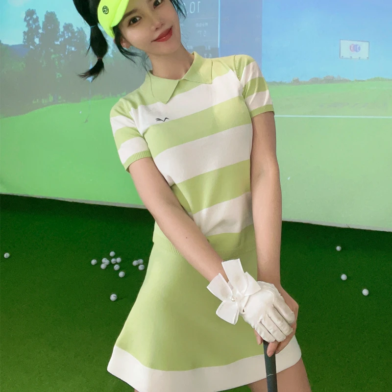 高尔夫女装夏季短袖T恤针织套装裙运动修身弹力透气绿色高尔夫服