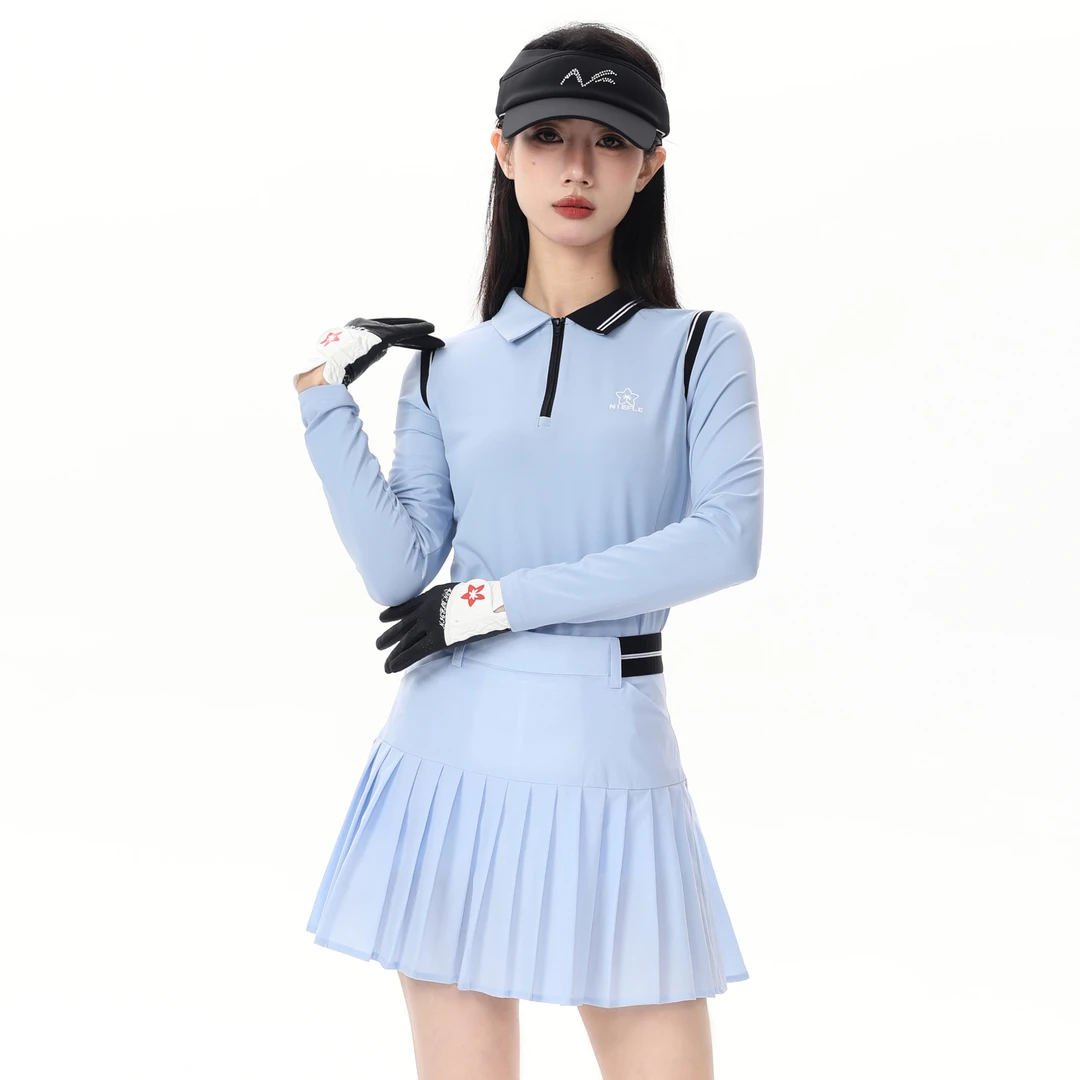 高尔夫服装女士初秋季长袖拼色翻领拉链运动浅蓝色套装裙修身时尚