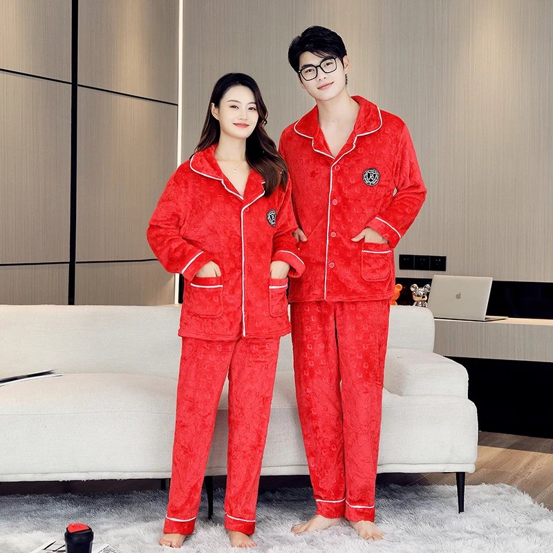 新款秋冬北极绒刺绣压花加绒保暖宽松睡衣大码不起球家居服套装