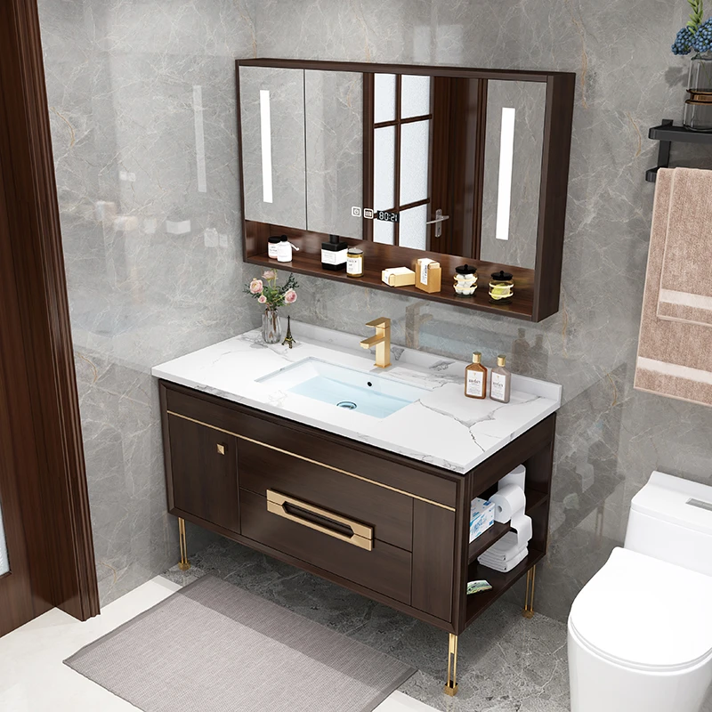 现代新中式卫浴柜实木浴室柜轻奢洗漱台卫生间落地智能镜柜洗脸盆
