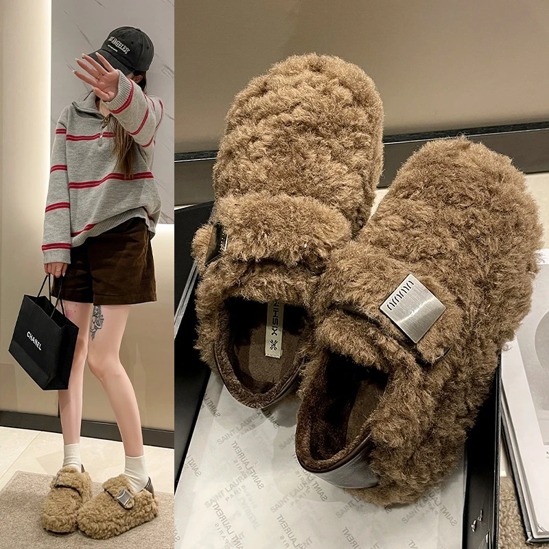 厚底一脚蹬欧货羊羔毛毛鞋子女秋冬季高级感外穿2025新款豆豆棉鞋