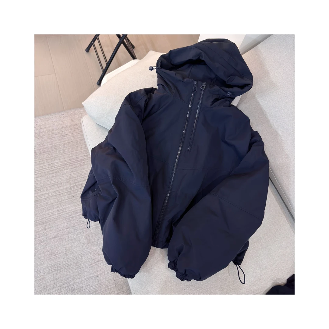 日系戴帽蓝黑色拉链棉服
