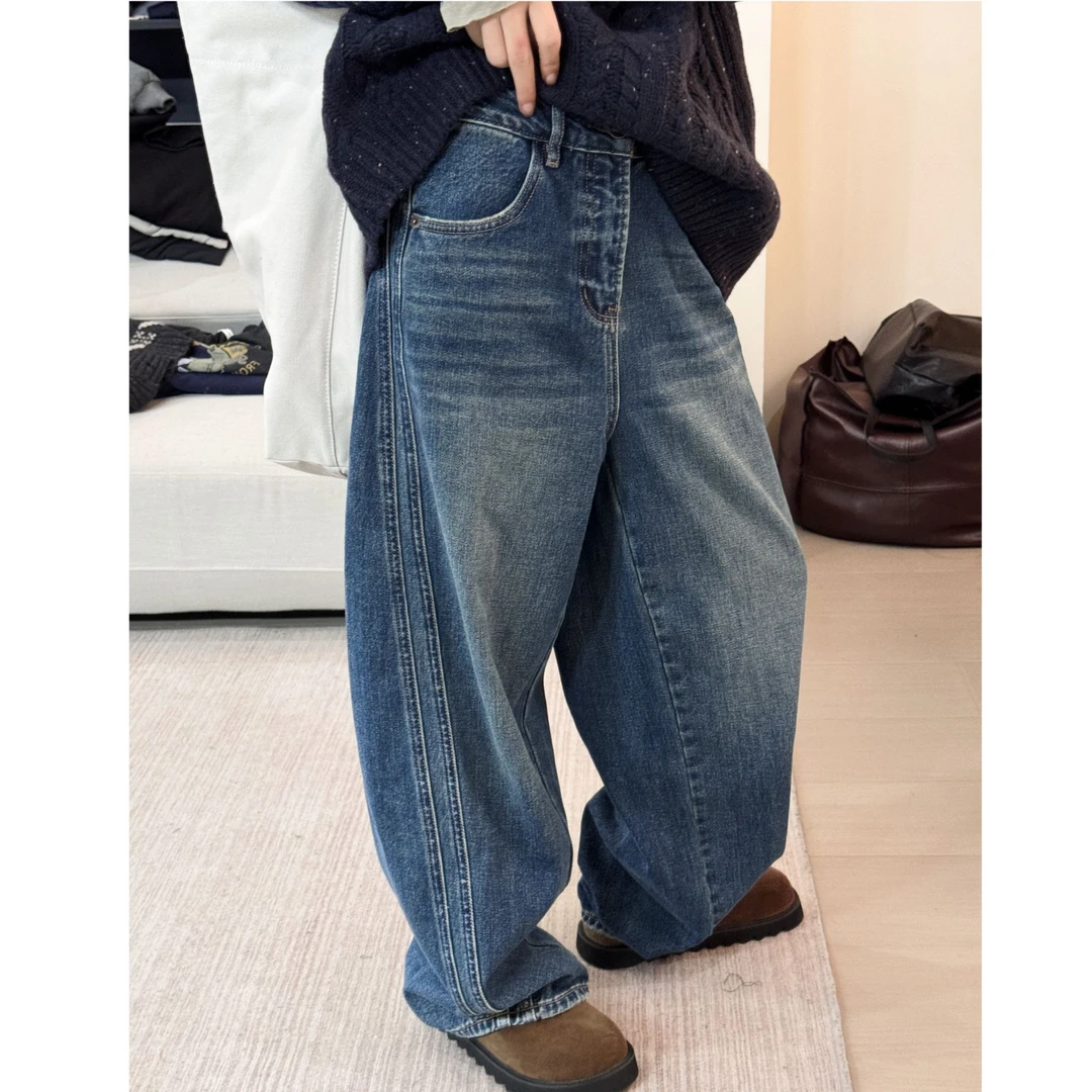 韩单普鲁蓝双杆加绒牛仔裤