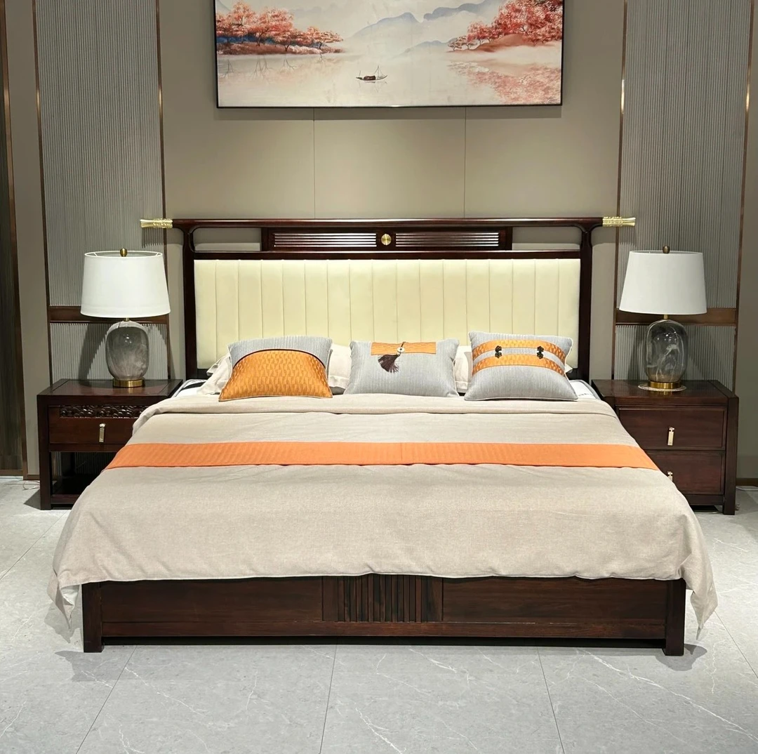 新中式床乌金木实木主卧1.8米软包靠背高箱储物官帽双人婚床HT