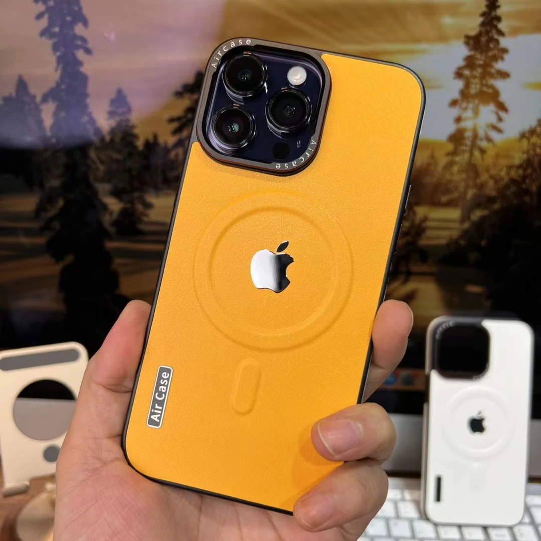 苹果14/13/12镜头金属框素皮纹磁吸保护套iphone14promax手机壳