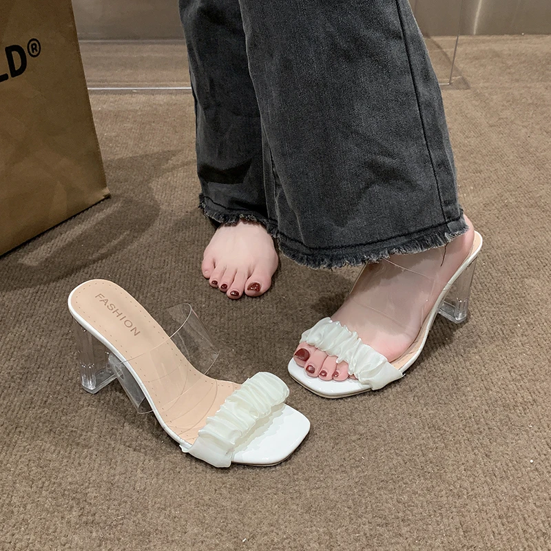 透明一字带凉鞋女夏季新款仙女风水晶时尚百搭露趾外穿高跟凉拖鞋
