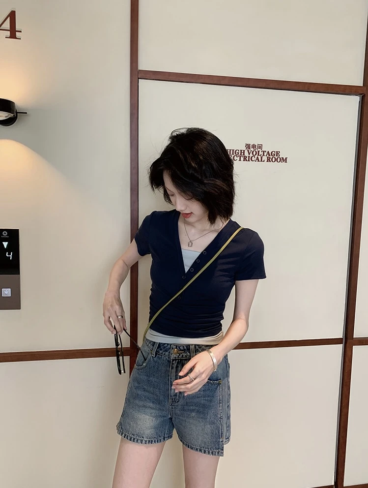 朵儿定制 韩国撞色腰精T假两件v领莱赛尔天丝显瘦正肩T恤HT83