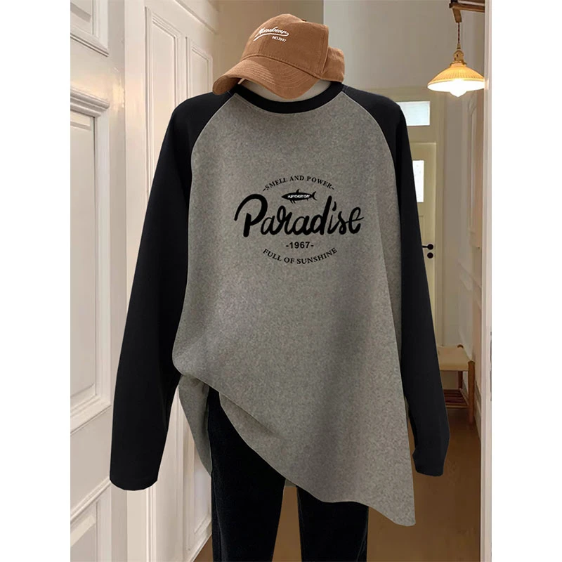 新款遮屁股打底衫磨毛长袖t恤女配鲨鱼裤春秋冬季宽松中长款上衣