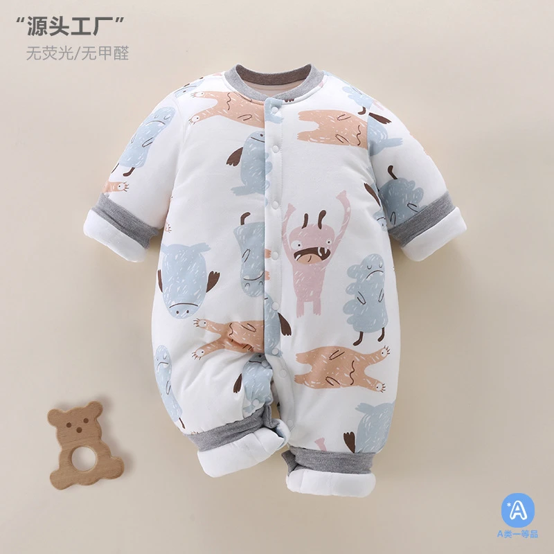 秋冬季棉衣小怪兽圆领加厚男女宝宝棉服婴儿连体衣爬服新生儿哈衣