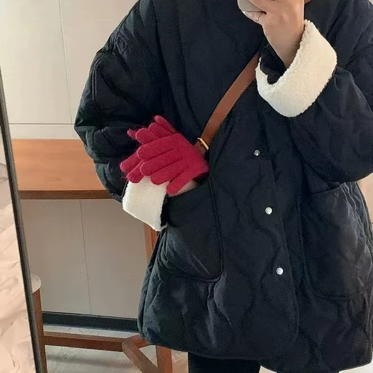 9513小香风菱形格夹棉棉服冬季毛毛拼接袖头轻薄棉服外套时尚