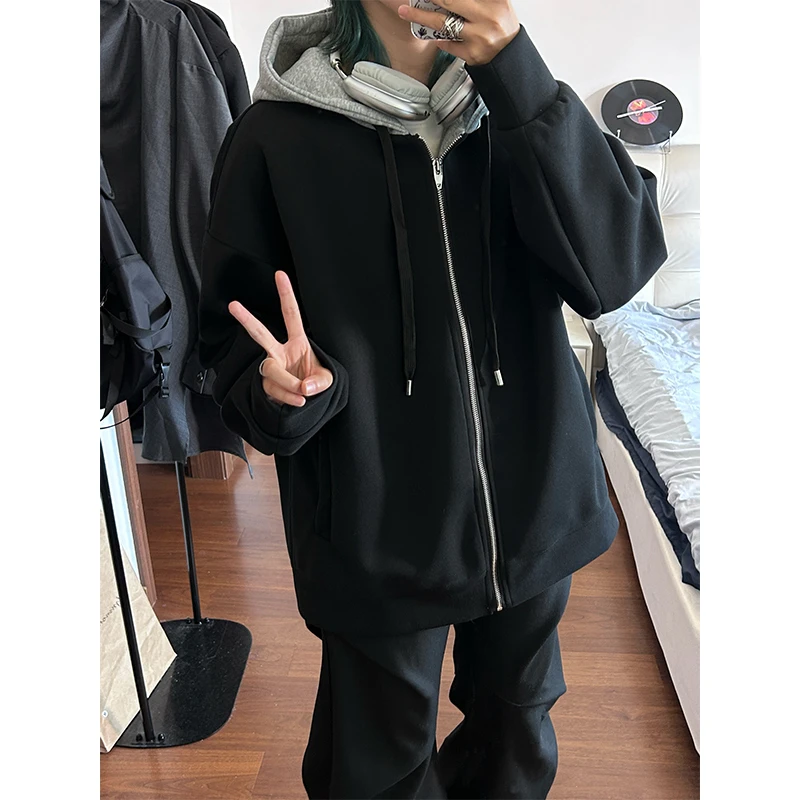 百搭港风秋冬大码日系运动假两件男女情侣连帽纯色拉链开衫厚卫衣