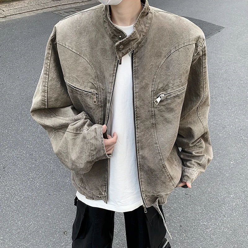 水洗灰色棒球领牛仔外套男春秋复古潮牌拉链短款外套美式夹克