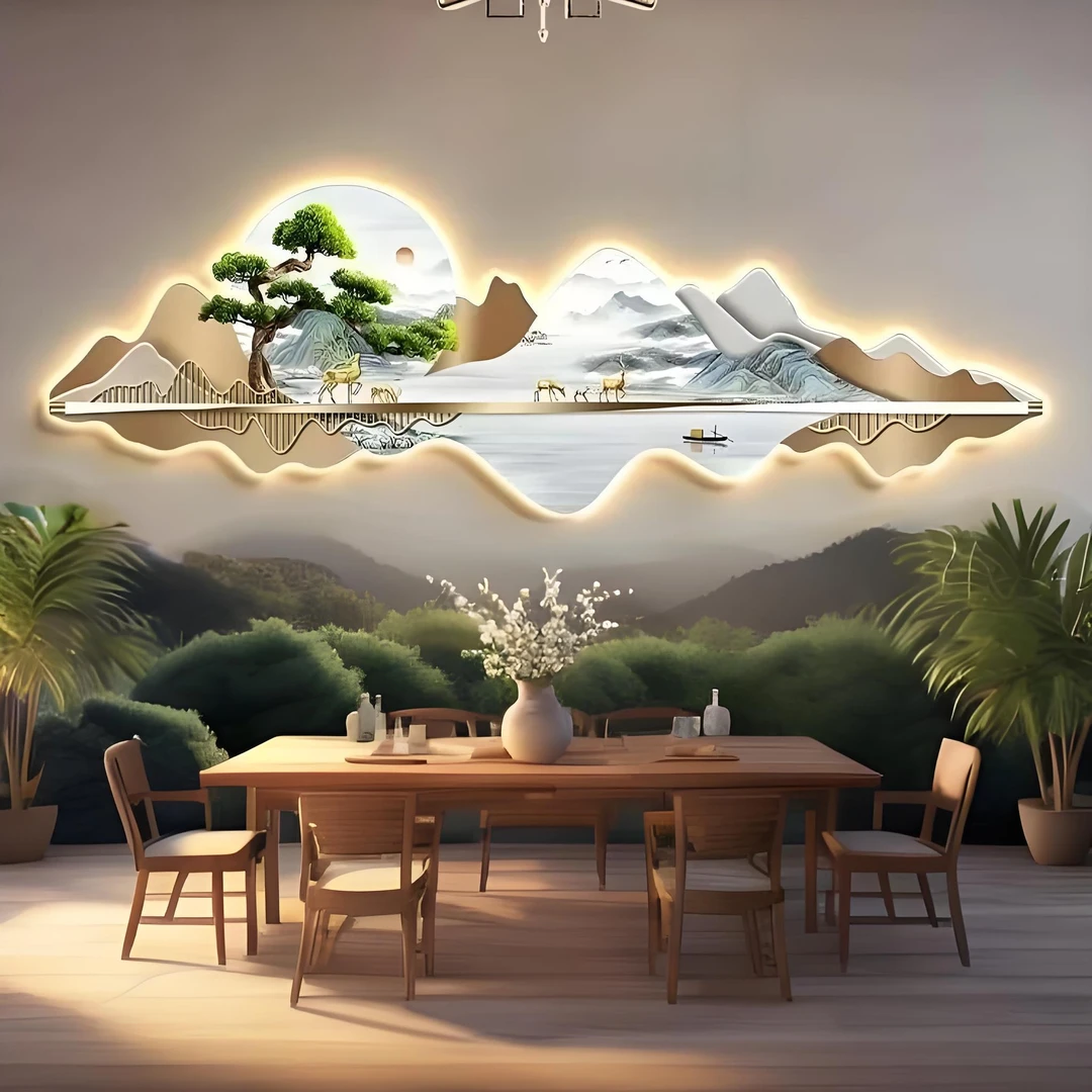 流水生财迎客松客厅沙发装饰画新中式书房茶室办公室背景墙壁画