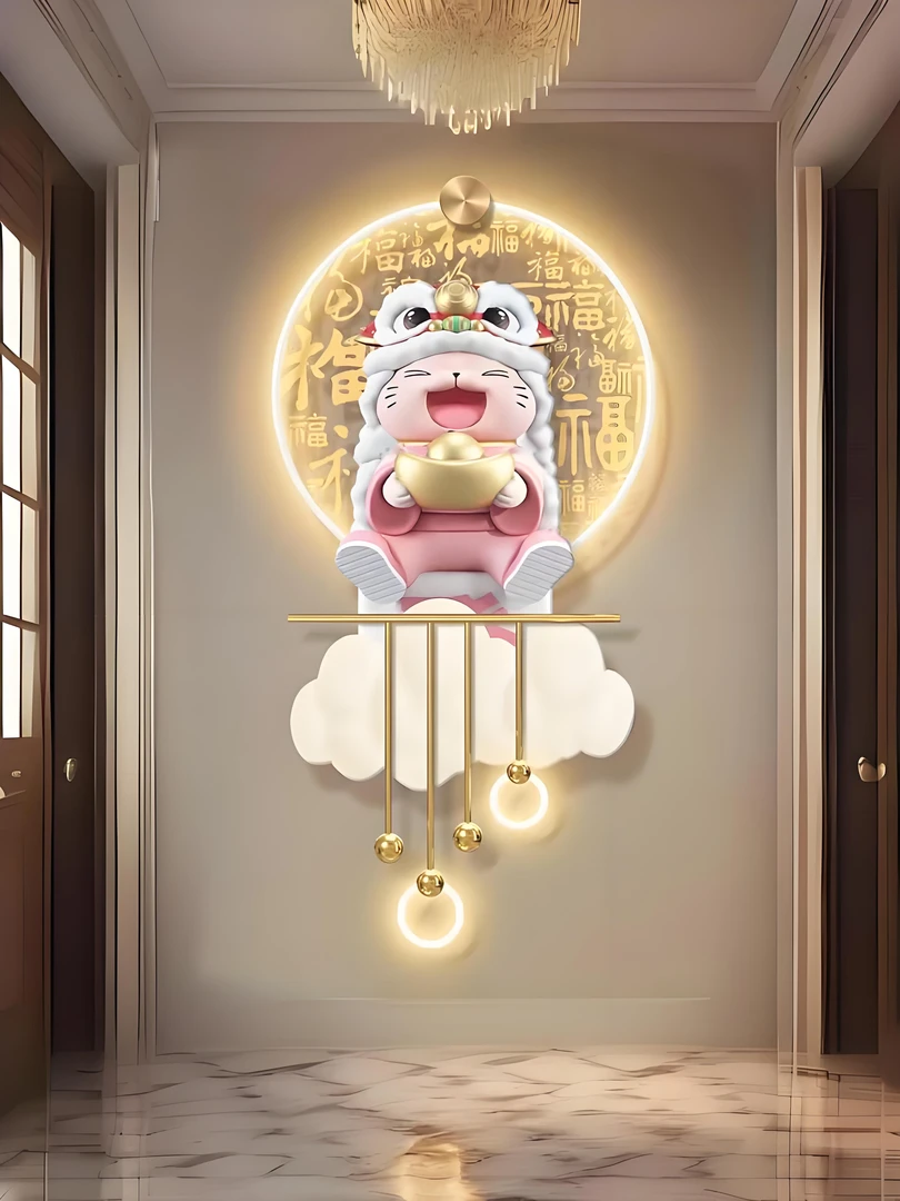 醒狮招财猫玄关装饰画奶油风福字走廊过道背景墙壁画高档轻奢挂画