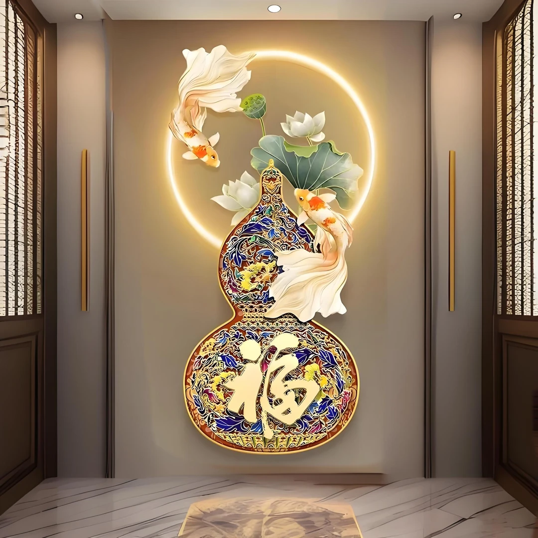 中式锦鲤亚克力装饰画彩色葫芦福字走廊过道挂画茶室玄关墙壁画