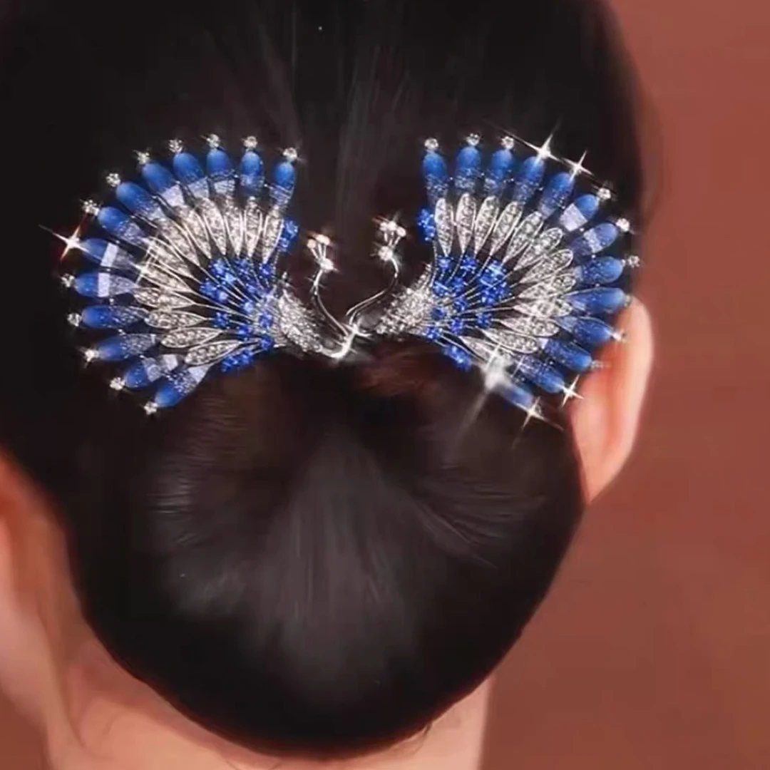 蓝色开屏孔雀古风气质后脑勺盘发神器