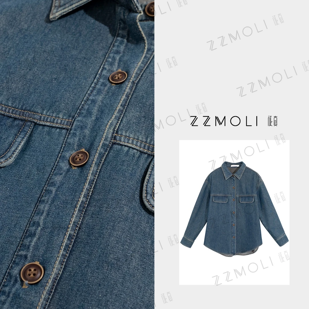 ZZMOLI新款加绒牛仔衬衫女款简约通勤百搭显瘦长袖衬衣ZBY73767