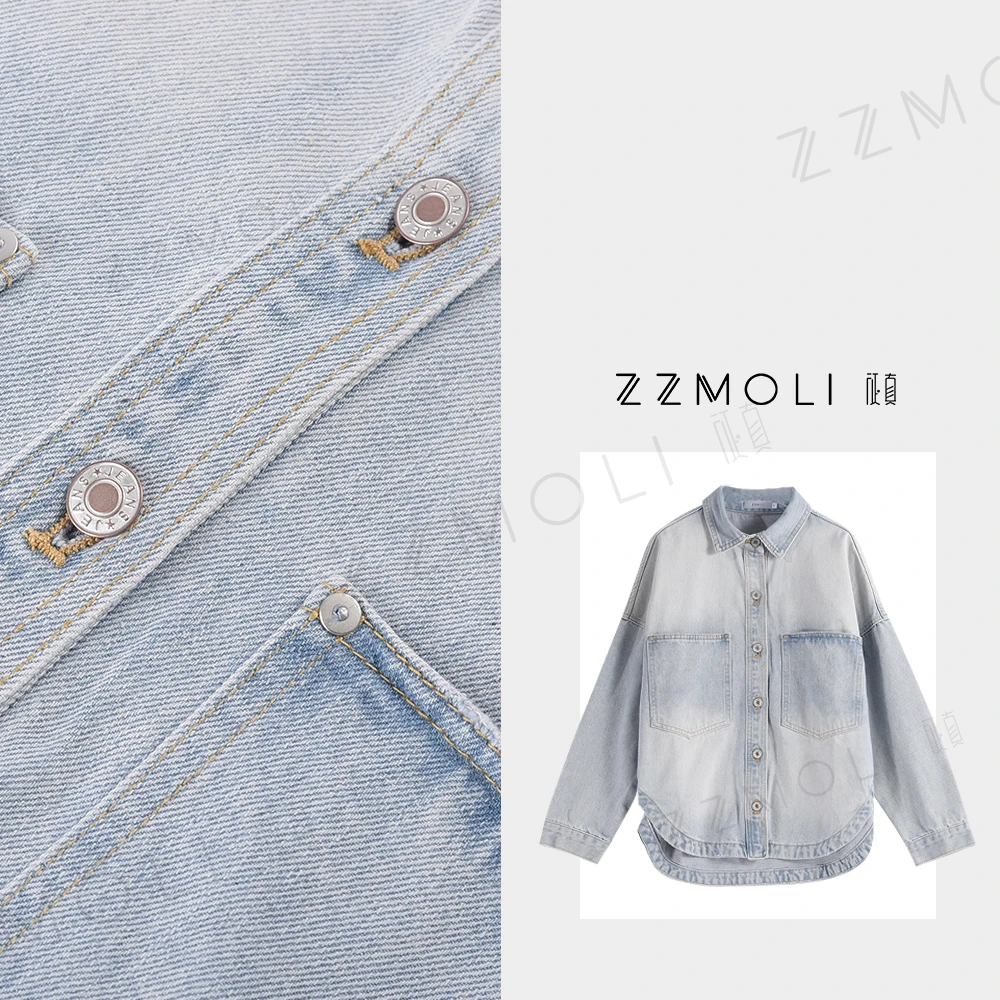 ZZMOLI小个子时尚宽松长袖衬衣女款外穿工装口袋牛仔衬衫ZBY89002