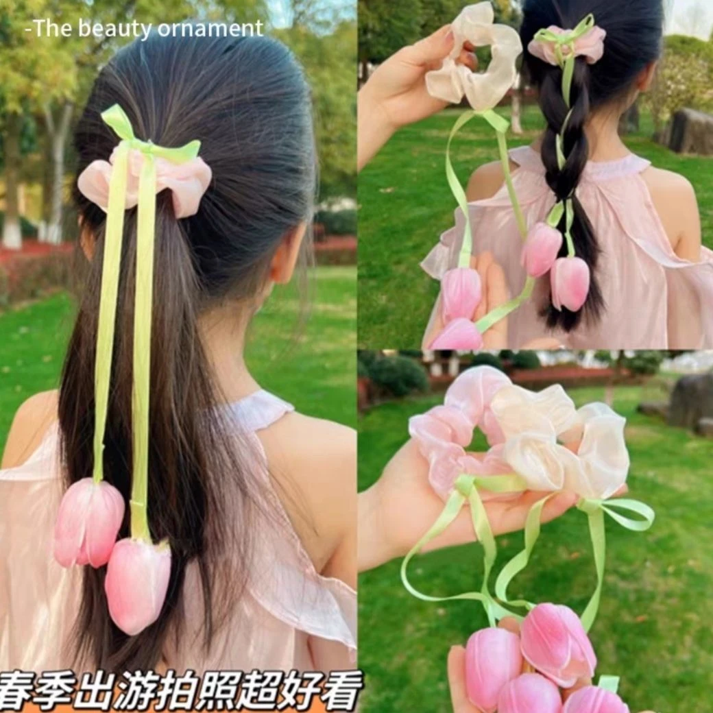 森系郁金香飘带发圈女2024新款侧马尾头花仙气扎头发绳爆款橡皮筋