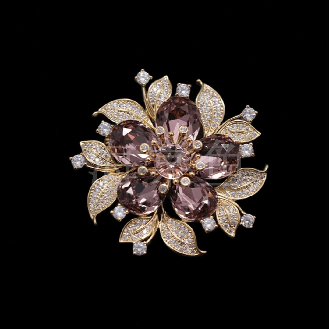 铜合金仿水晶胸针 时尚气质百搭紫色花朵胸针5086