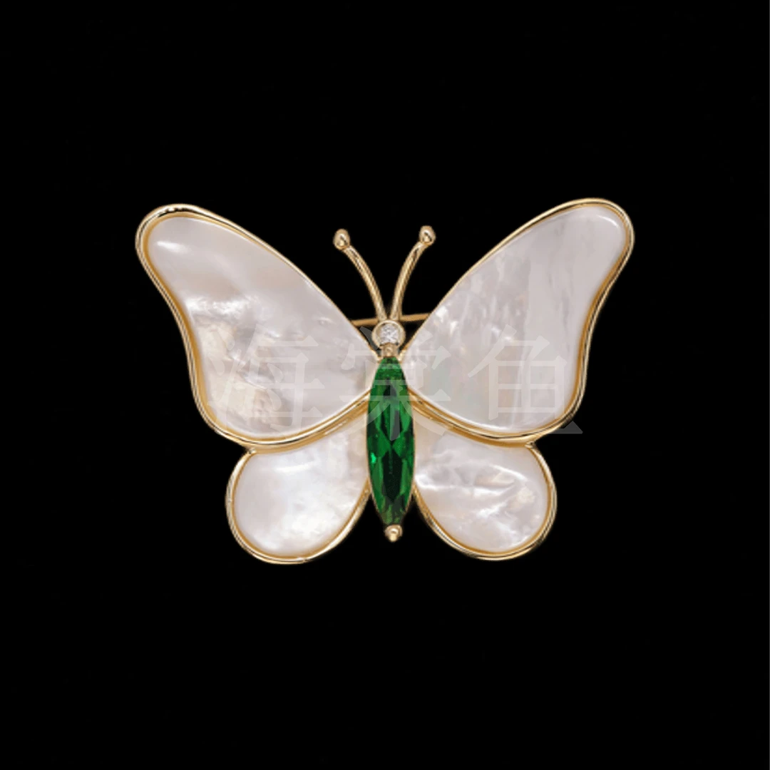 铜合金贝壳胸针 HY1024白贝绿蝶胸针
