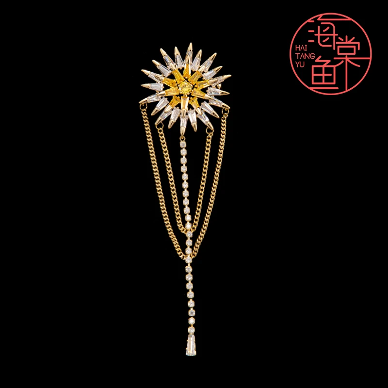 铜合金合成锆石胸针 HY1925太阳之神《黄》流苏胸针