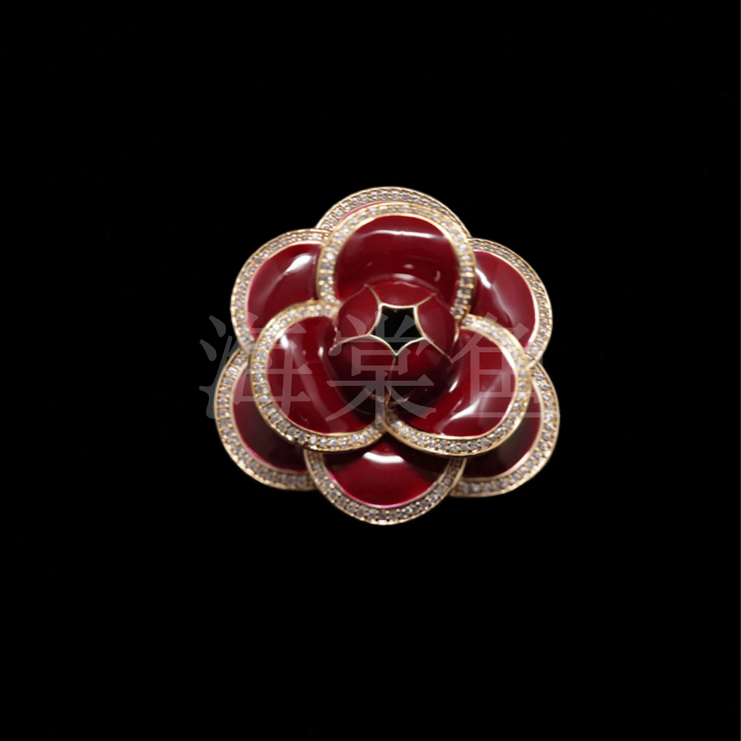 铜合金合成锆石胸针 时尚气质百搭小香风红山茶胸针5064