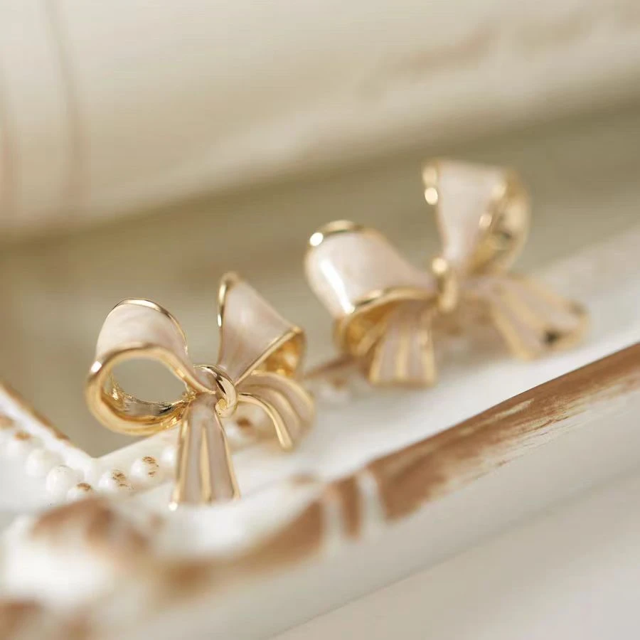 铜合金耳饰 时尚气质百搭白色蝴蝶结耳钉3399