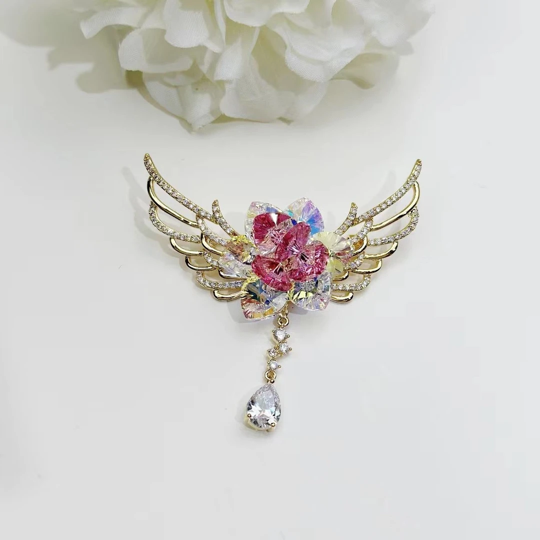 铜合金仿水晶胸针 GD433【施华洛】比翼花仙子《粉白》胸针