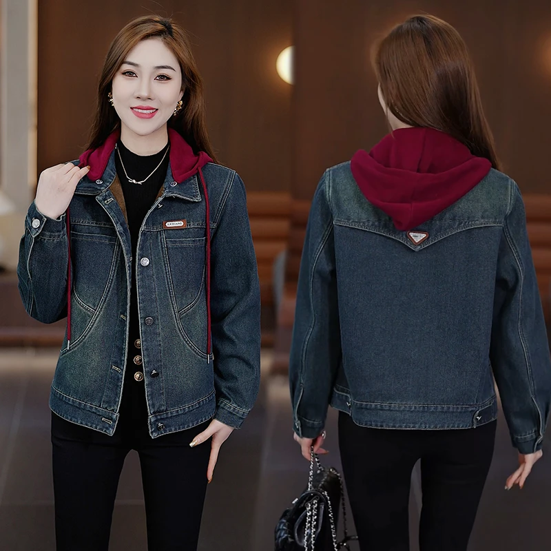 连帽撞色牛仔短外套女秋冬2025新款时尚小个子加绒加厚保暖棉服潮