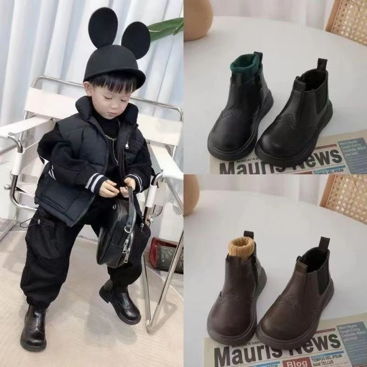 马丁靴加绒短靴秋冬小童百搭时尚女大童靴子冬季加厚儿童保暖男童