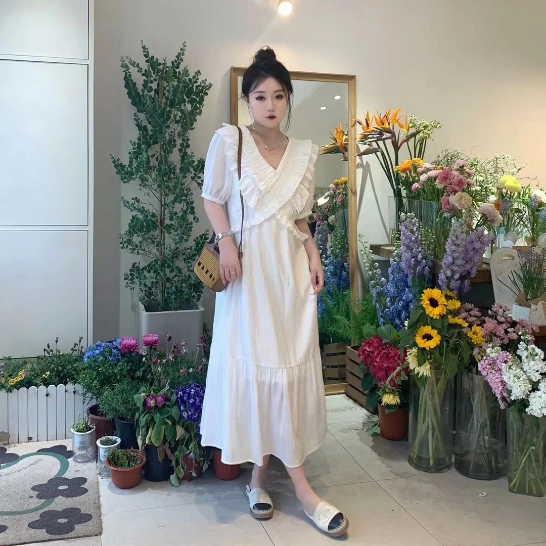 【琪琪推荐】大码女装韩版春夏新款木耳边褶皱感连衣裙D1931QQ