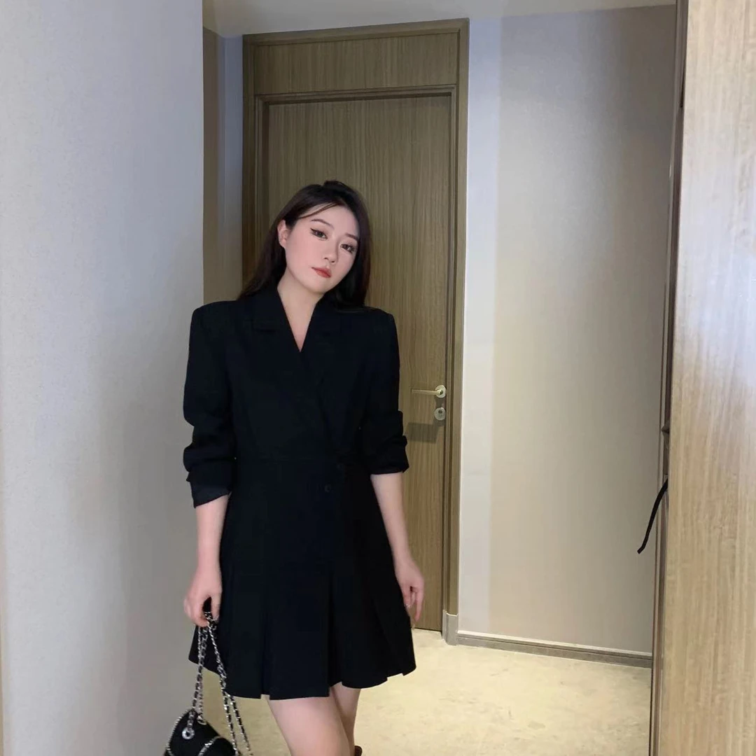 【琪琪推荐】大码女装韩版设计感高级气质显瘦西装连衣裙D12042QTQ