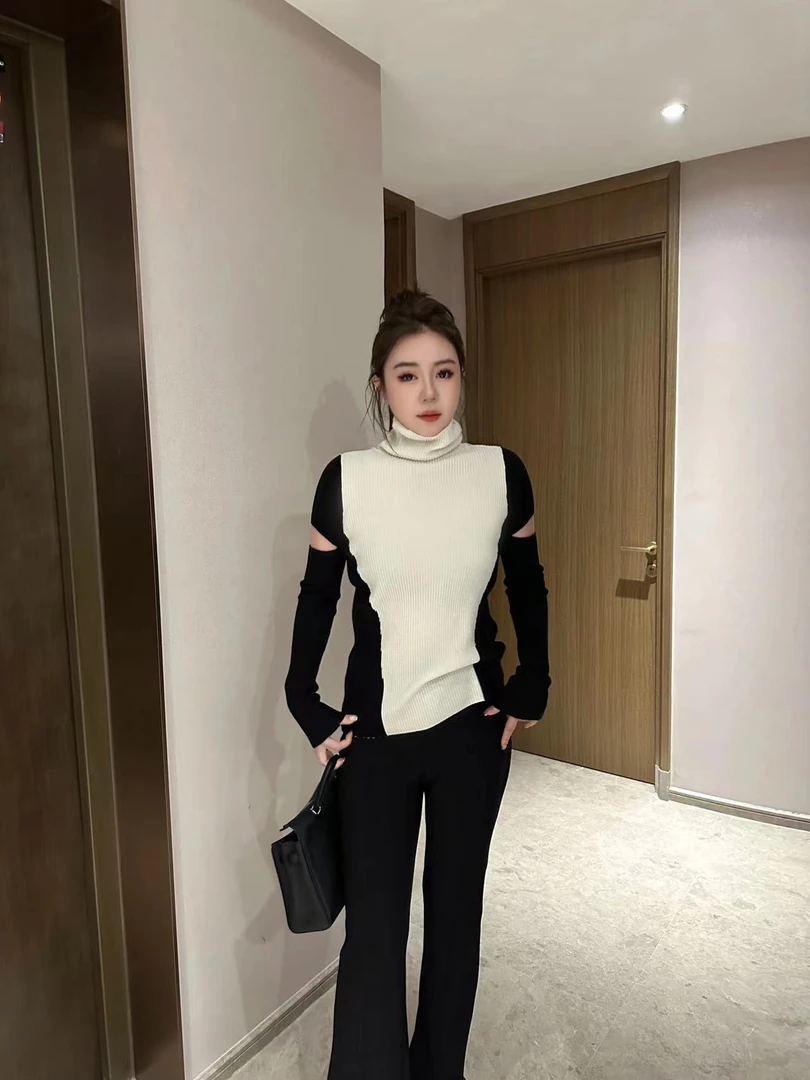 【琪琪推荐】大码女装撞色拼接高级感高领百搭针织打底T12734QTQ