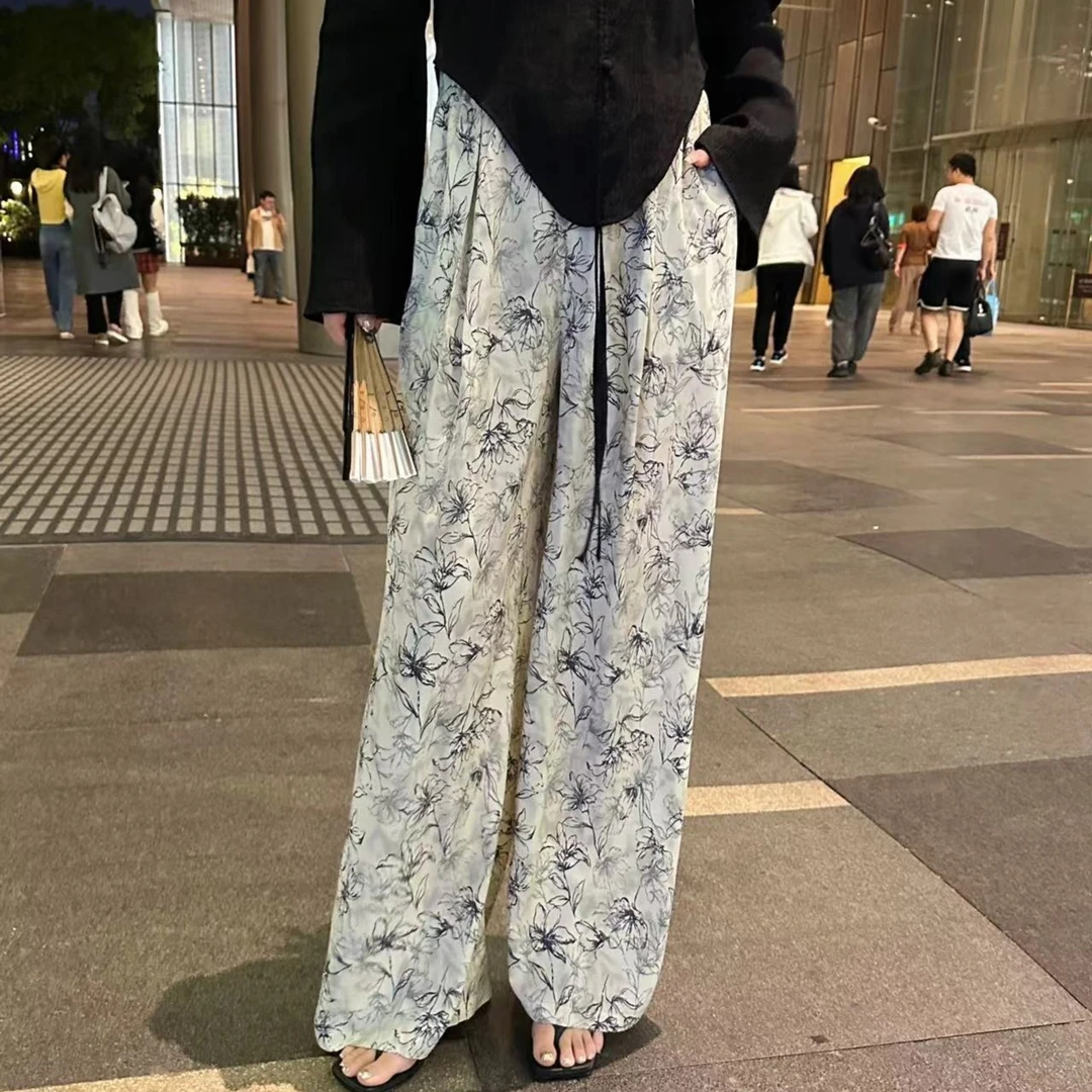 【琪琪推荐】大码女装气质水墨碎花薄款垂感直筒阔腿裤P41208QL