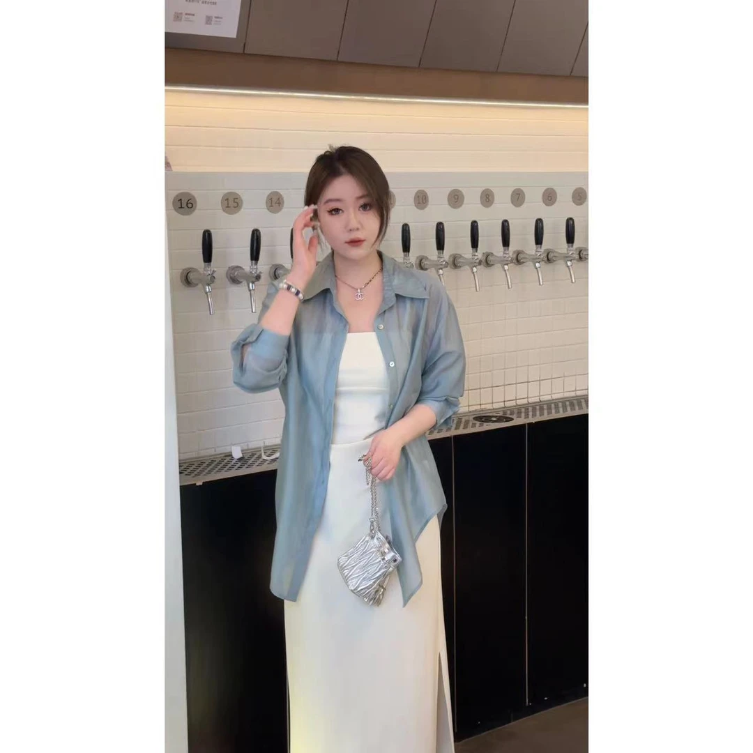 琪琪怪怪大码女装【济州岛】夏季薄款后背开叉百搭防晒衬衫T13621QD