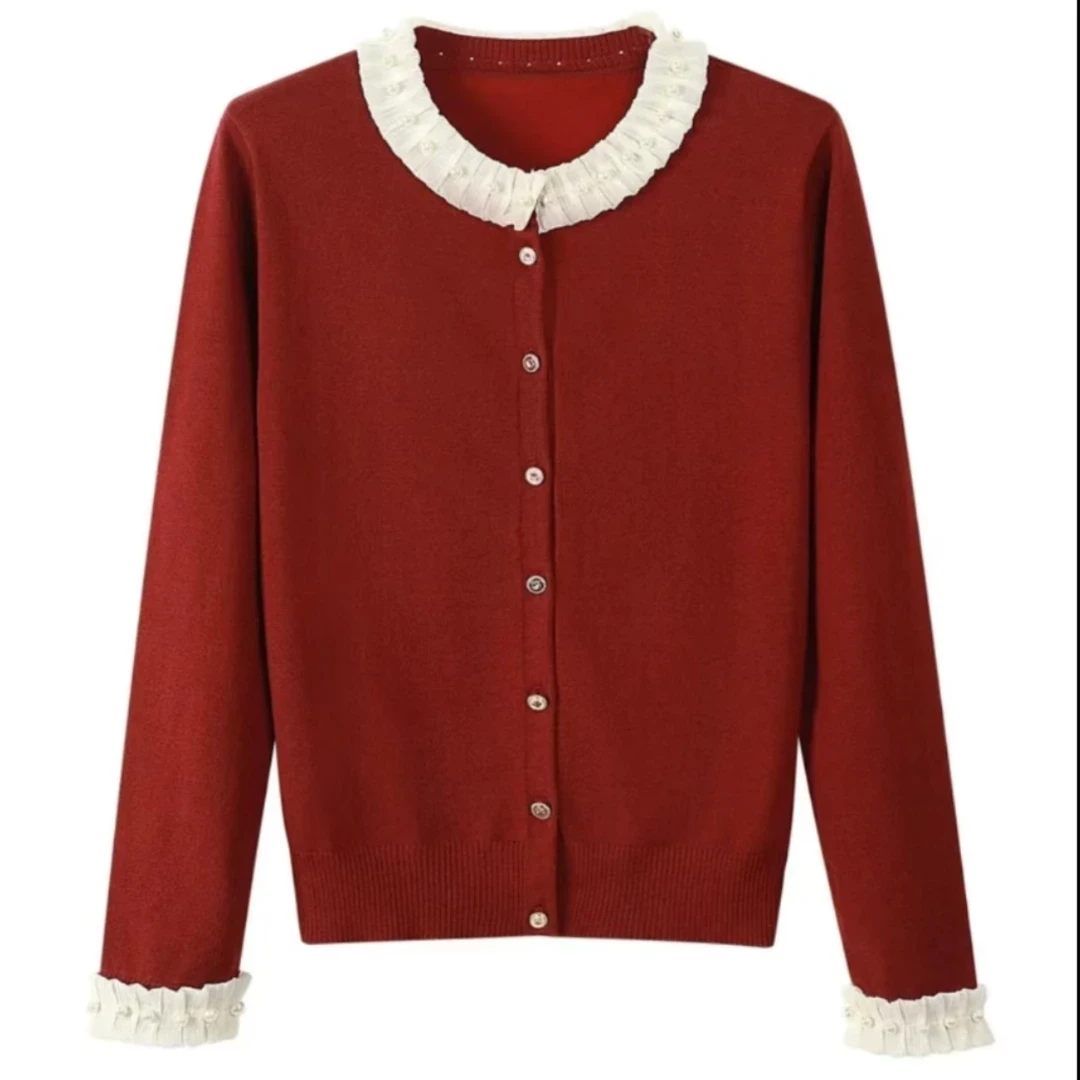 英音01 时尚气质百搭设计款荷叶领针织开衫女上衣0290