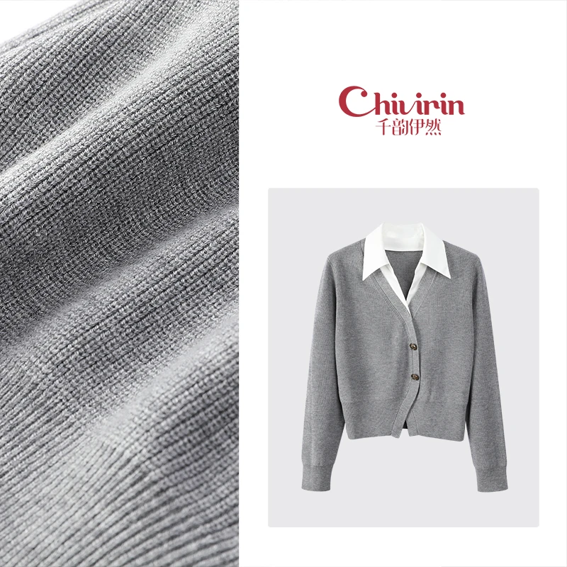 【韵常01】新款时尚百搭设计款翻领假两件套头针织上衣8582