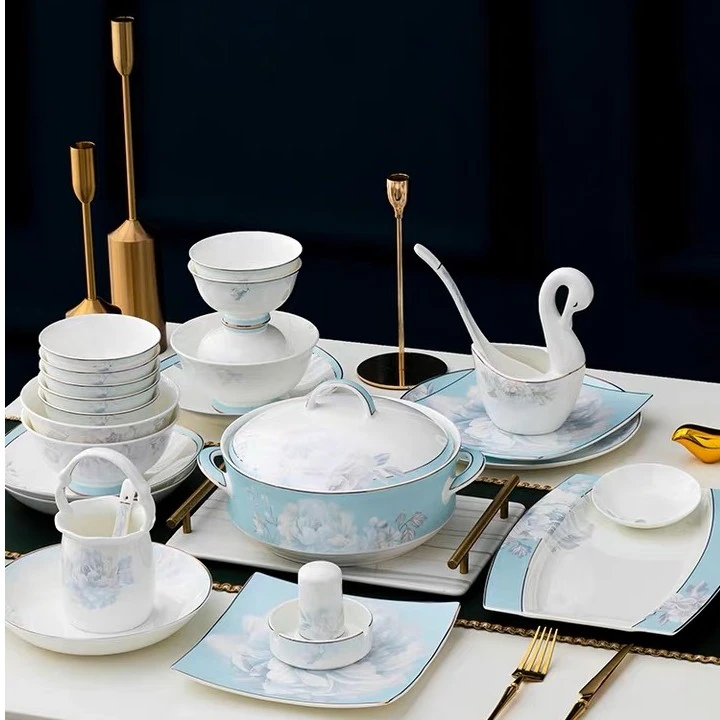 景德镇碗碟套装10人用轻奢高档陶瓷乔迁送礼骨瓷简约欧式