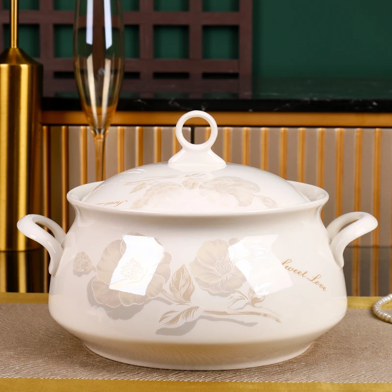 月光倾城宫廷煲（送大汤勺)景德镇高端餐具家用浮雕带盖大碗白瓷