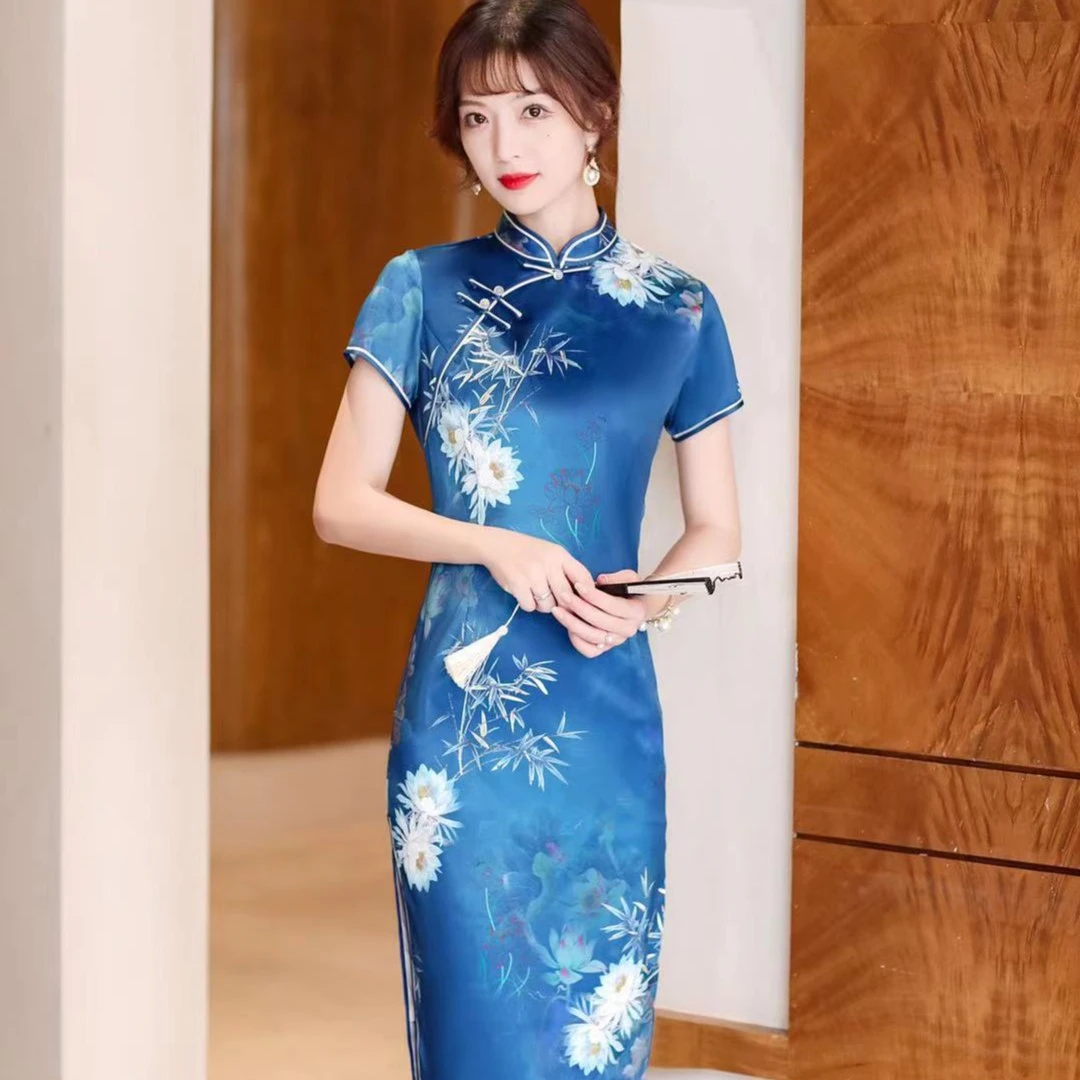 【蓝莲】夏季新款大码长款中长款日常优雅不定位数码印花修身旗袍