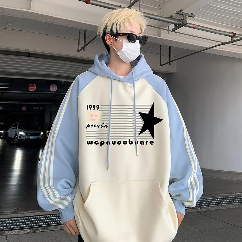 插肩拼接涂鸦连帽卫衣男款春秋季潮牌宽松青少年痞帅休闲早秋外套