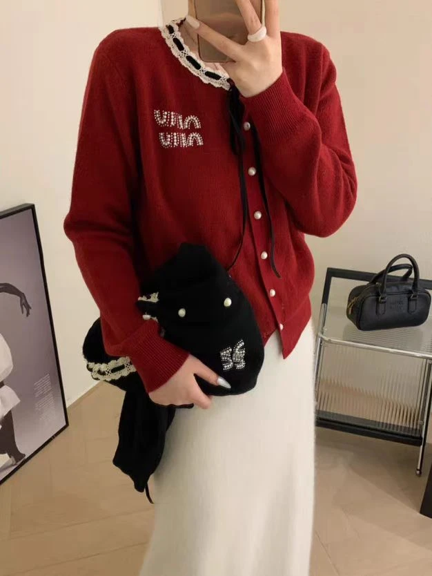 大码女装法式圆领针织开衫秋冬新款蝴蝶结系绳洋气长袖上衣2371