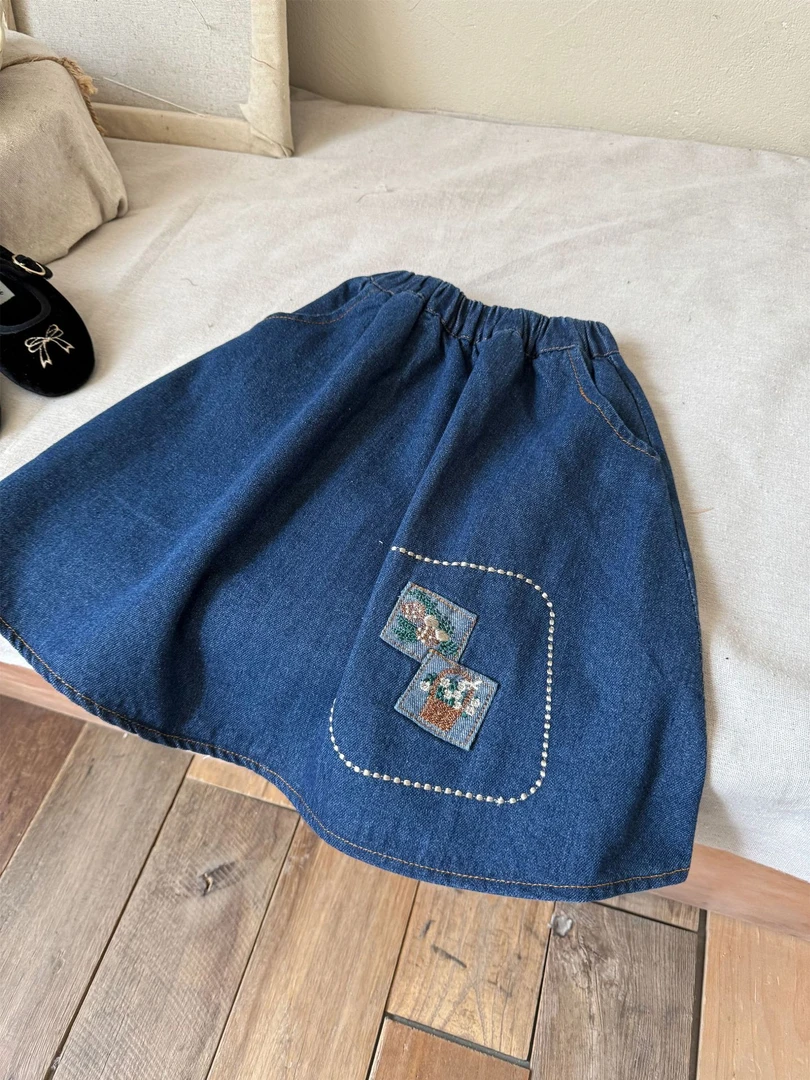 2024秋季新品韩系刺绣女童半身裙牛仔裤