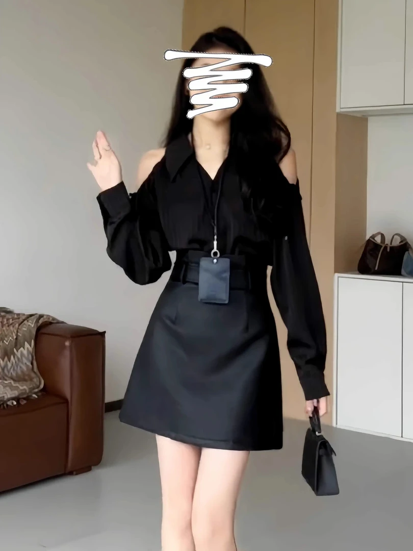 大码法式长袖衬衫女秋季黑色露肩V领上衣胖MM小众设计感休闲衬衣