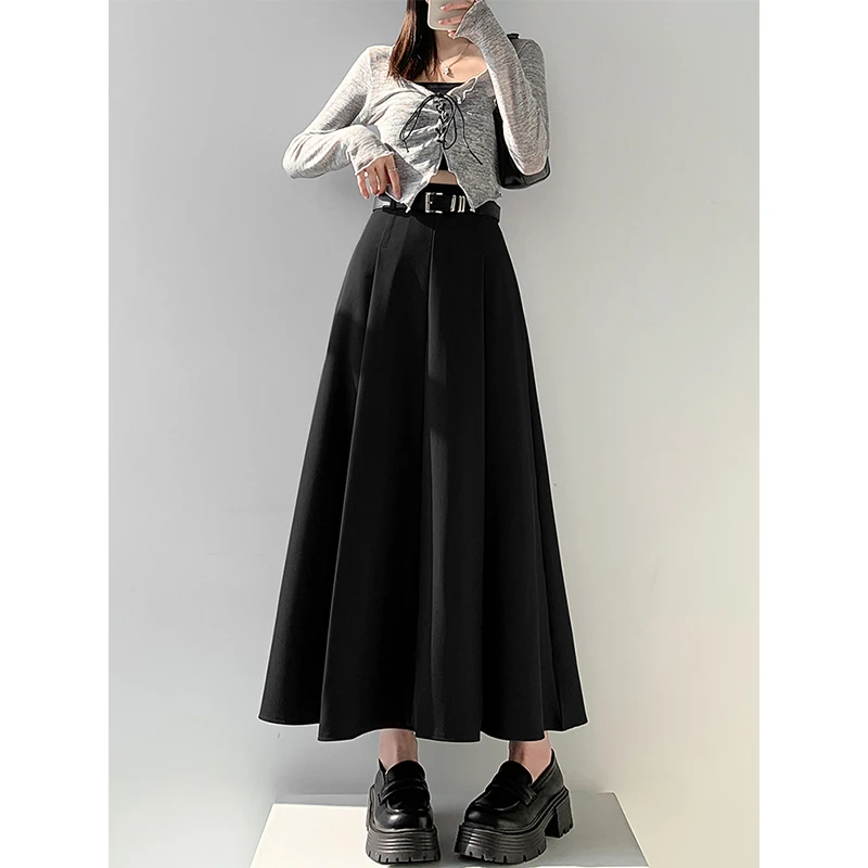 黑色西装百褶半身裙女2025秋季新款a字裙垂感高腰显瘦大摆裙长裙