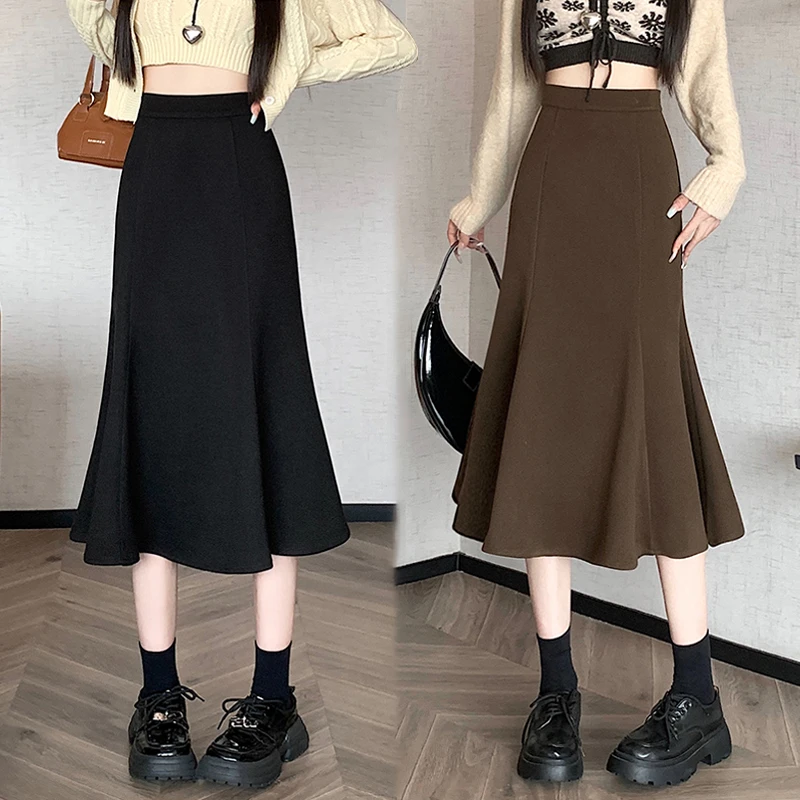 黑色毛呢半身裙女秋冬中长款高腰鱼尾包臀裙小个子百搭显瘦A字裙