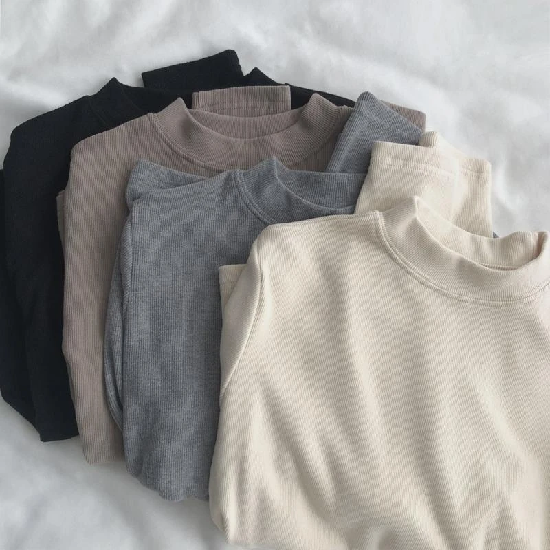 螺纹针织半高领打底衫女秋冬季洋气新款弹力软糯亲肤磨毛内搭上衣